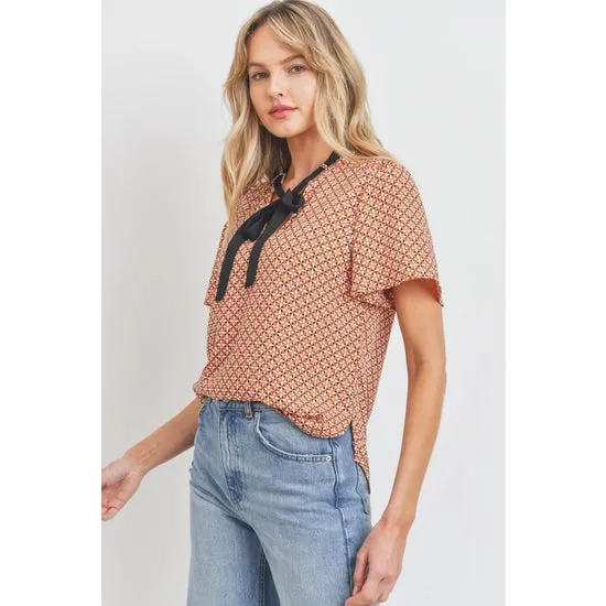 Geo Print Front Tie Blouse