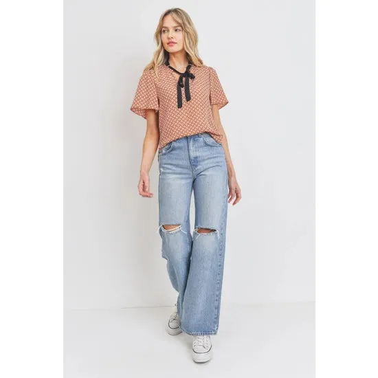 Geo Print Front Tie Blouse