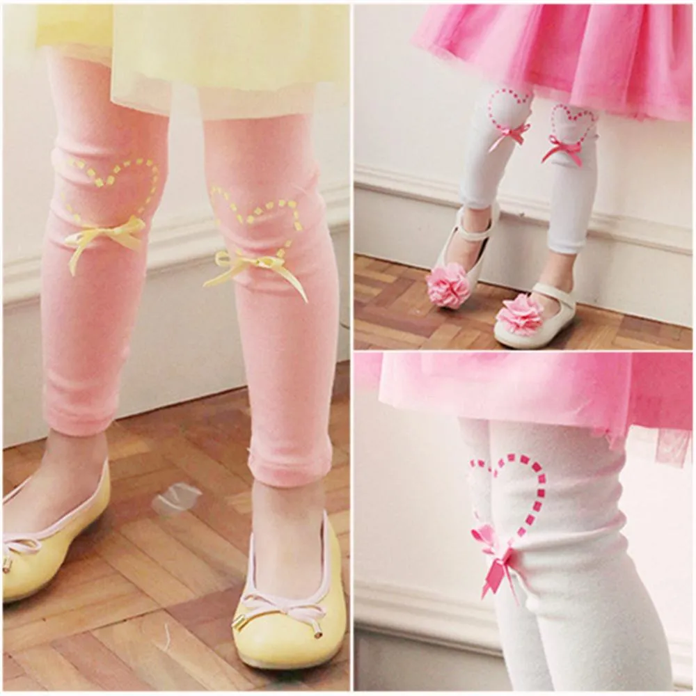 Girls Bowknot Decor Heart Printed Pants