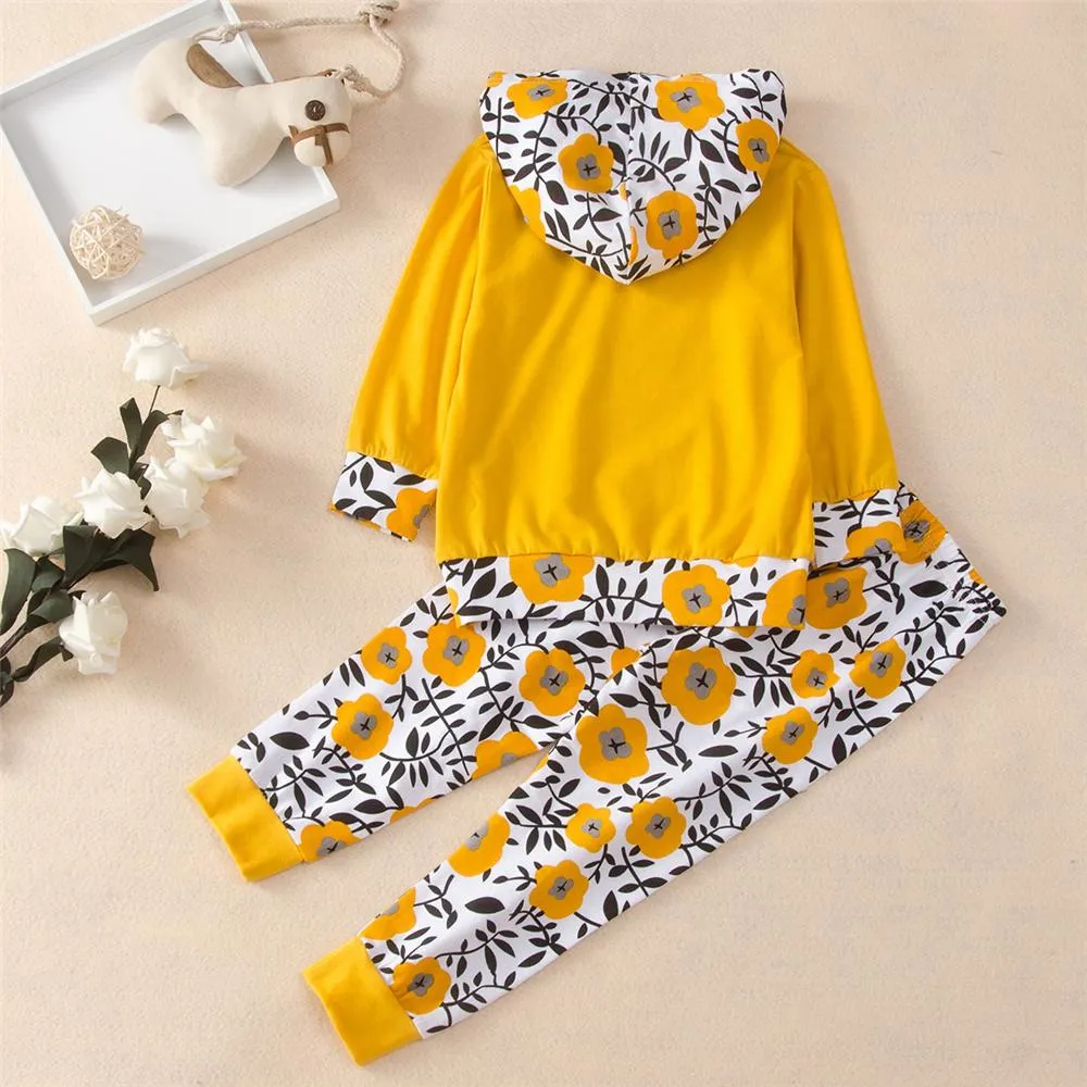 Girls Floral Hooded Letter Printed Top & Pants Kids Wholesale Clothing