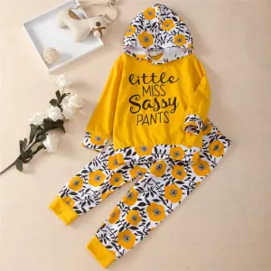 Girls Floral Hooded Letter Printed Top & Pants Kids Wholesale Clothing