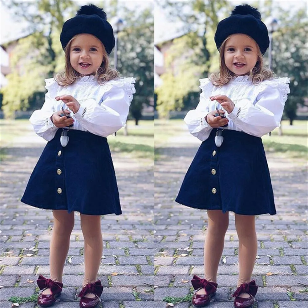 Girls Long Sleeve Tops Shirts&Solid Skirt Little Girl Outfits Little Girl Outfits