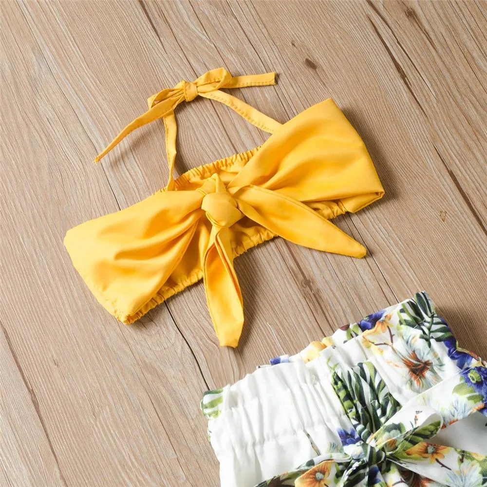Girls Solid Color Bow Decor Tank Top Plant Printed Pants Wholesale Little Girls Clothes