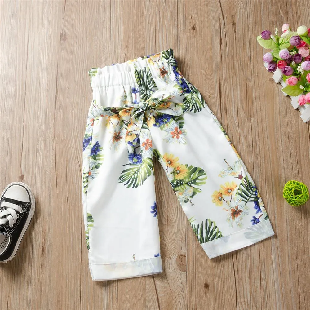 Girls Solid Color Bow Decor Tank Top Plant Printed Pants Wholesale Little Girls Clothes