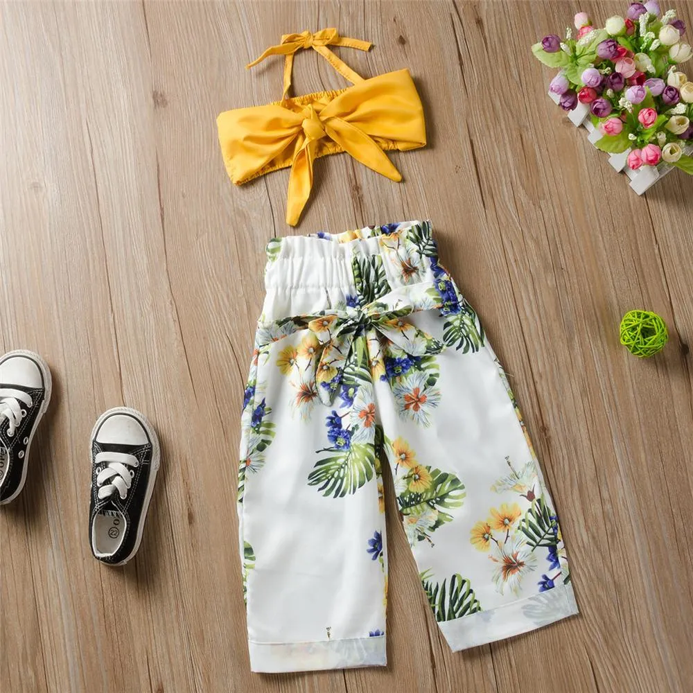 Girls Solid Color Bow Decor Tank Top Plant Printed Pants Wholesale Little Girls Clothes