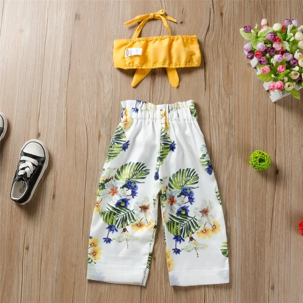 Girls Solid Color Bow Decor Tank Top Plant Printed Pants Wholesale Little Girls Clothes