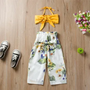 Girls Solid Color Bow Decor Tank Top Plant Printed Pants Wholesale Little Girls Clothes