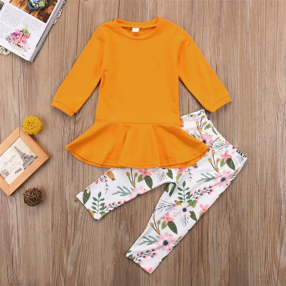Girls Solid Round Neck Tops&Floral Pants Girls Clothing Wholesalers