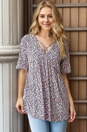 Heimish Ivory & Neon Pink Short Sleeve Crisscross Animal Babydoll Top