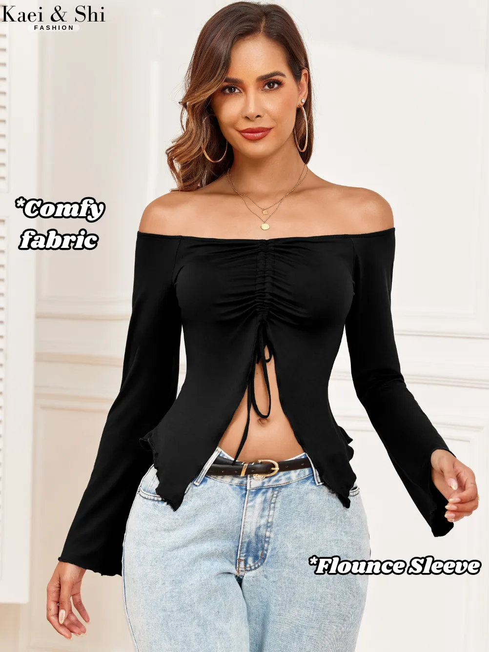 Kaei&Shi Women's 2000s Tops Tie Front, Off Shoulder Crop Top, Ruched Bust Shirts