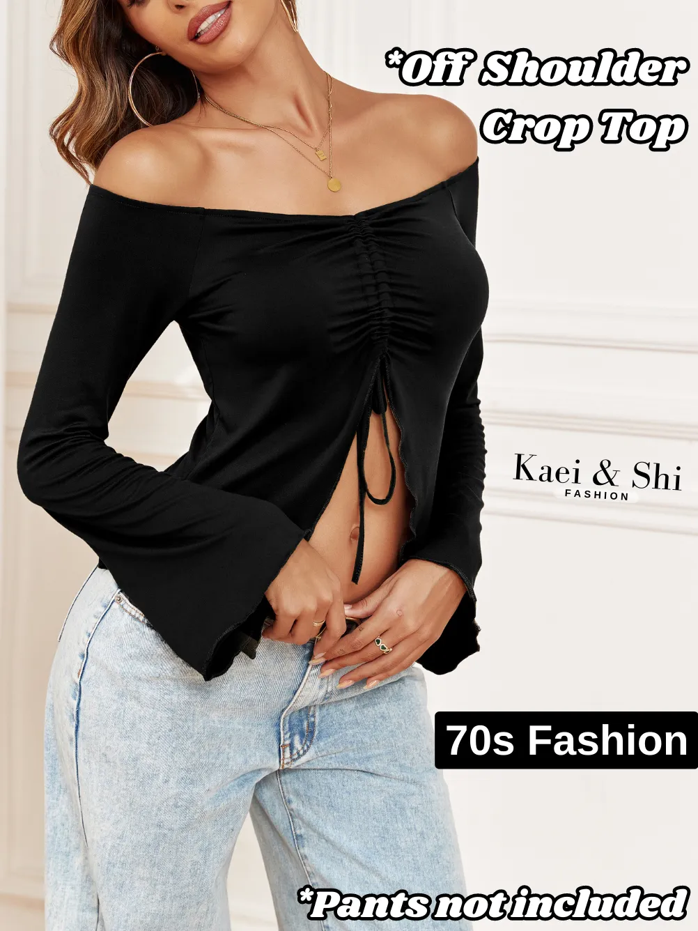 Kaei&Shi Women's 2000s Tops Tie Front, Off Shoulder Crop Top, Ruched Bust Shirts