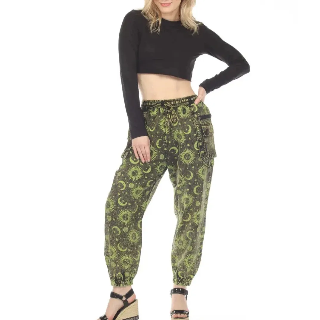 Lime Stonewash Sun and Moon Cargo Pants