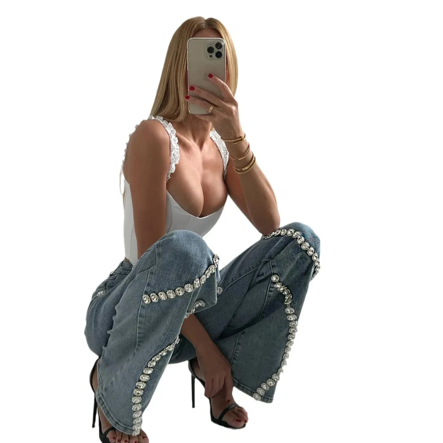 LVSANW Design Surrounds Rhinestone Jeans for Women Autumn 2025 New Niche Loose Straight Pants Fashionable Casual and Versatile Trousers