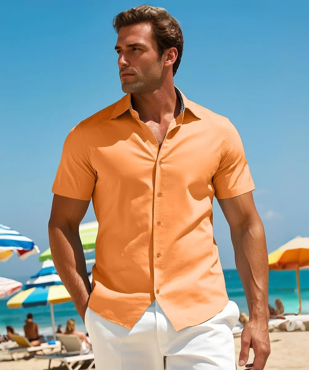 Men's Linen Shirt Short Sleeve Casual Button Down Shirt for Men Summer Holiday Beach Shirt