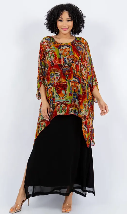 Modern Art Faces Oversize Tunic Top Lagenlook Boho Hippie Chic SML-6X 