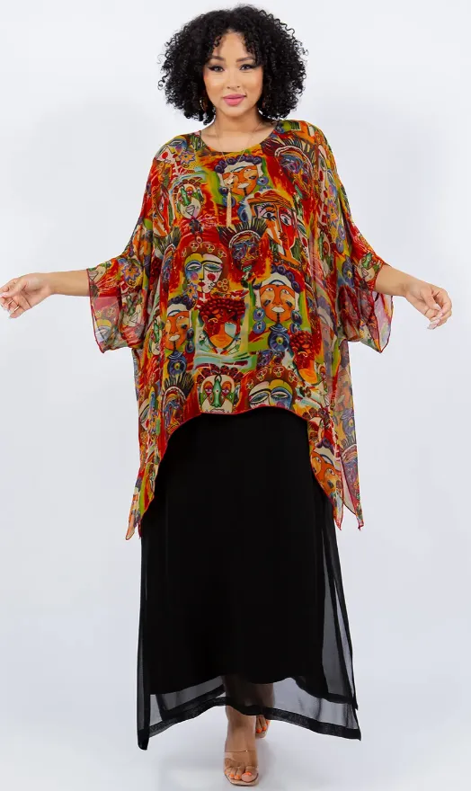 Modern Art Faces Oversize Tunic Top Lagenlook Boho Hippie Chic SML-6X 