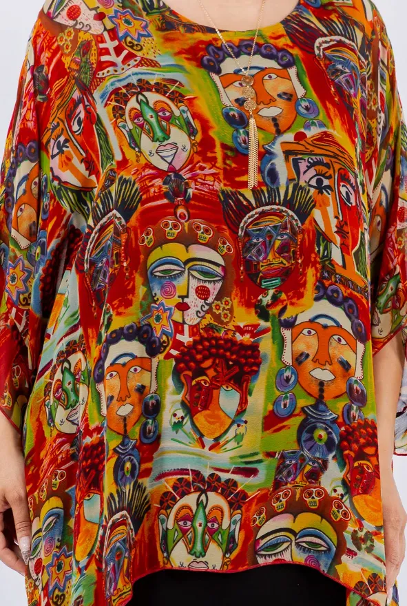 Modern Art Faces Oversize Tunic Top Lagenlook Boho Hippie Chic SML-6X 