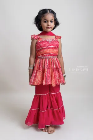 Modern Orange-red Floral glass Embroidery Tunic Tops And Hot Pink Sharara Set For Girls
