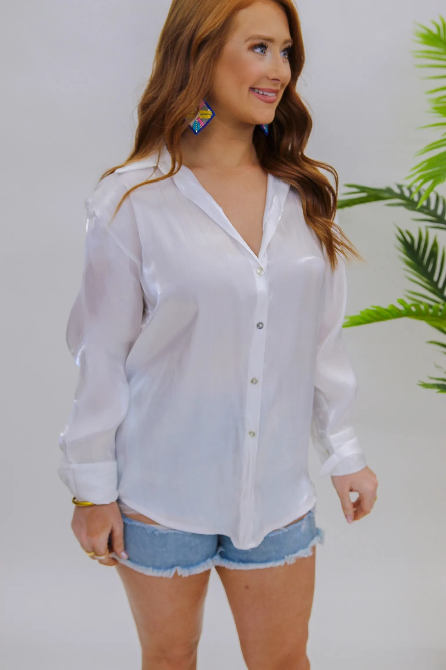 Modern V Neck Button Up- Pearl