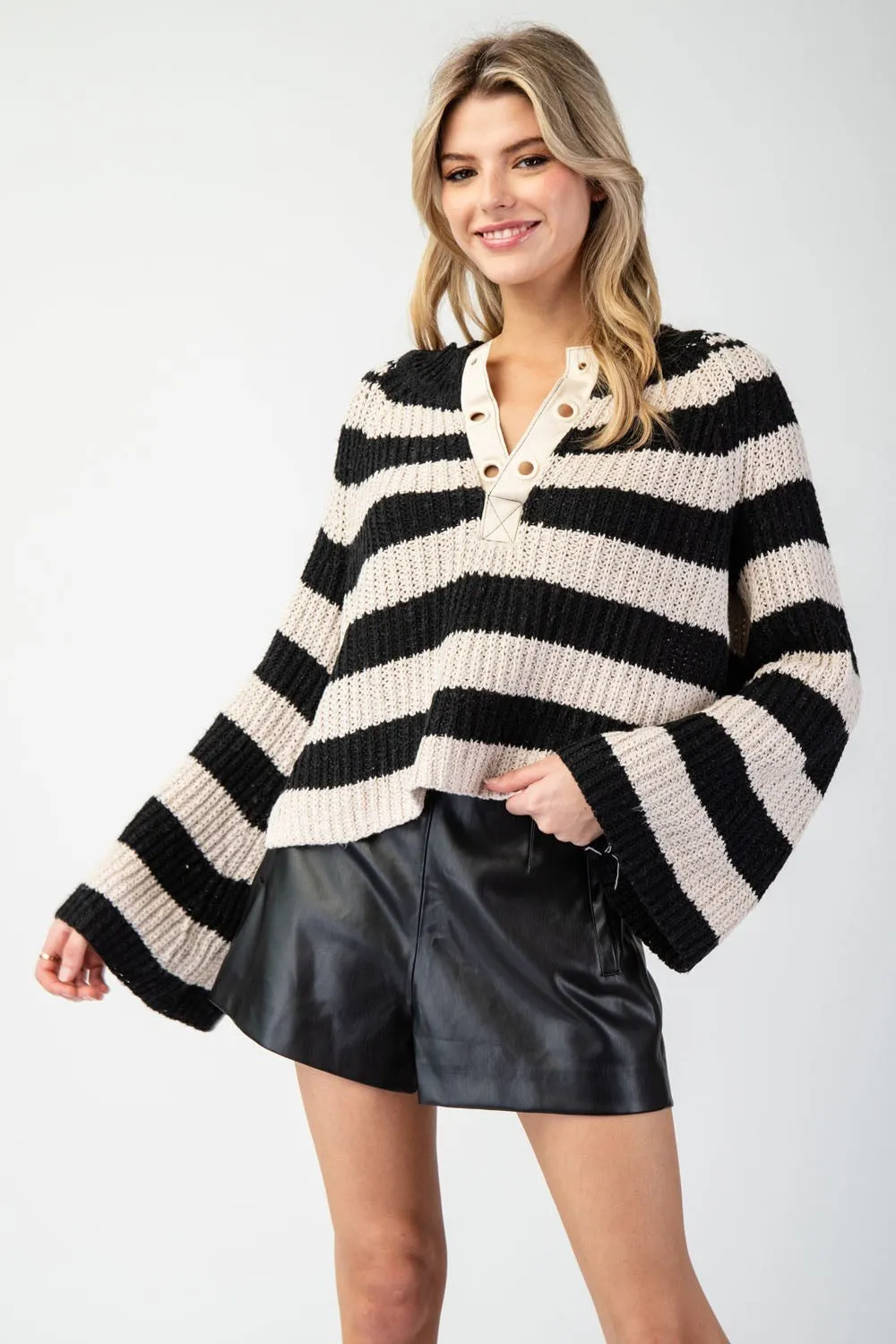 Myles Striped Bell Sleeve Sweater - Black