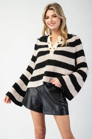 Myles Striped Bell Sleeve Sweater - Black