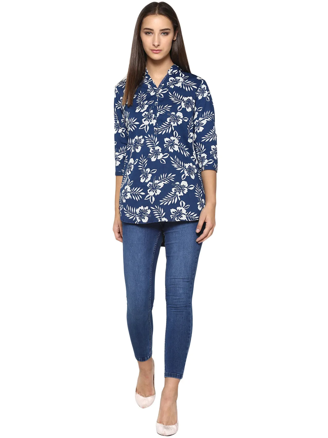 Navy Blue Floral Printed Tops