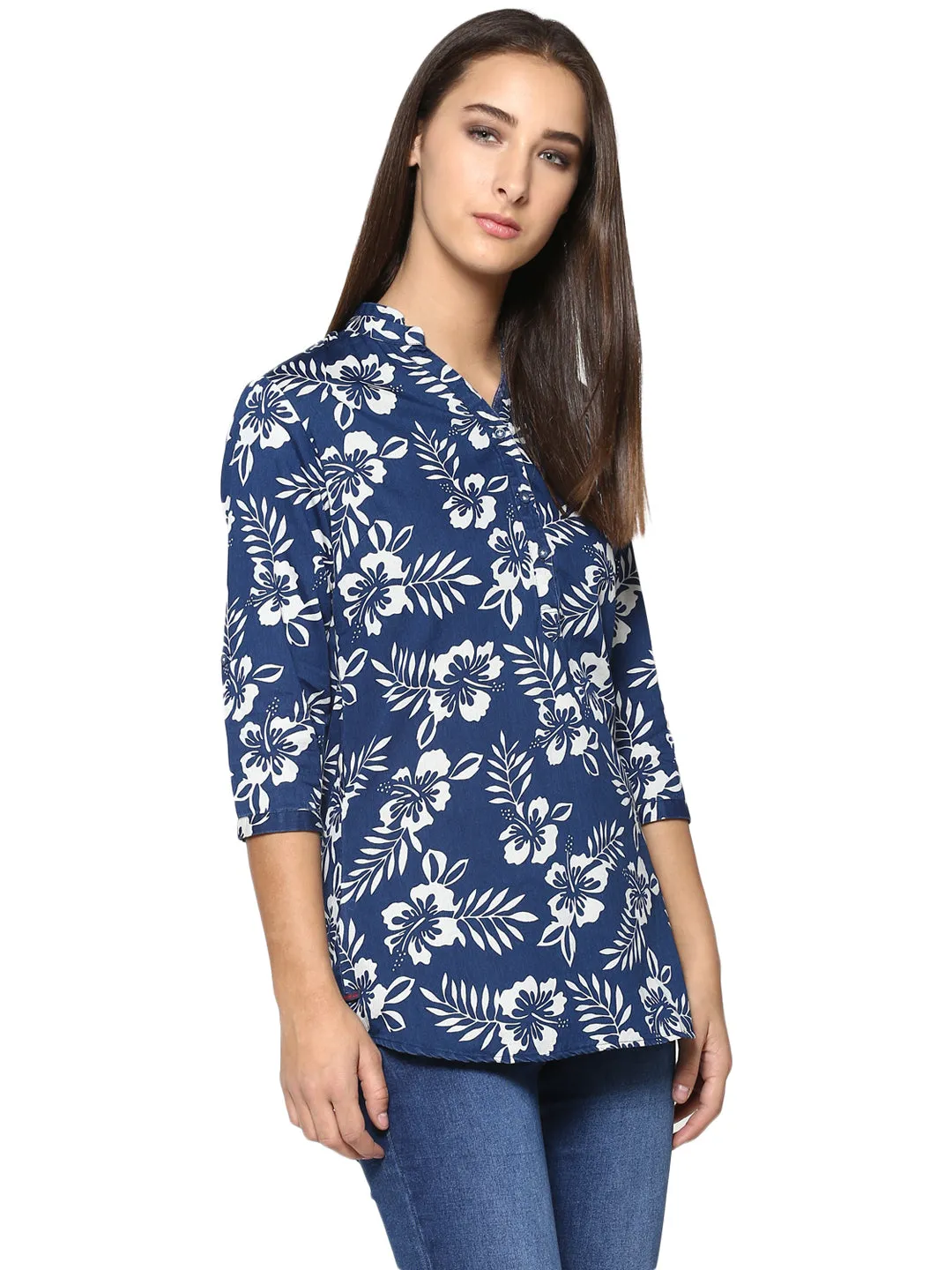 Navy Blue Floral Printed Tops
