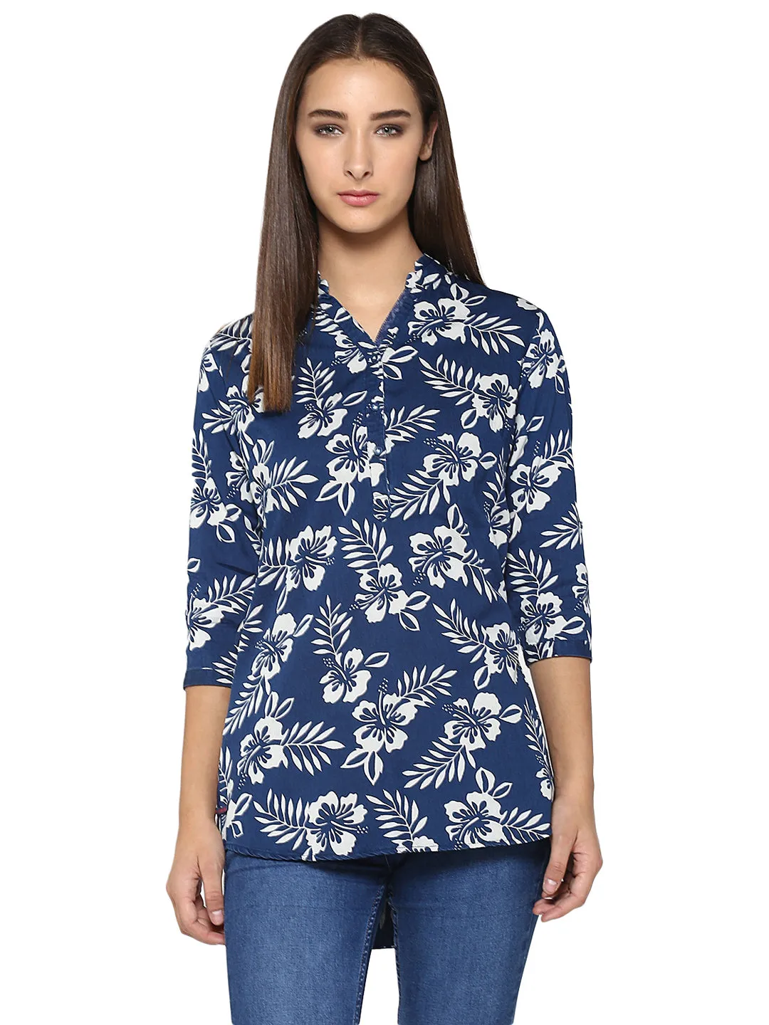 Navy Blue Floral Printed Tops