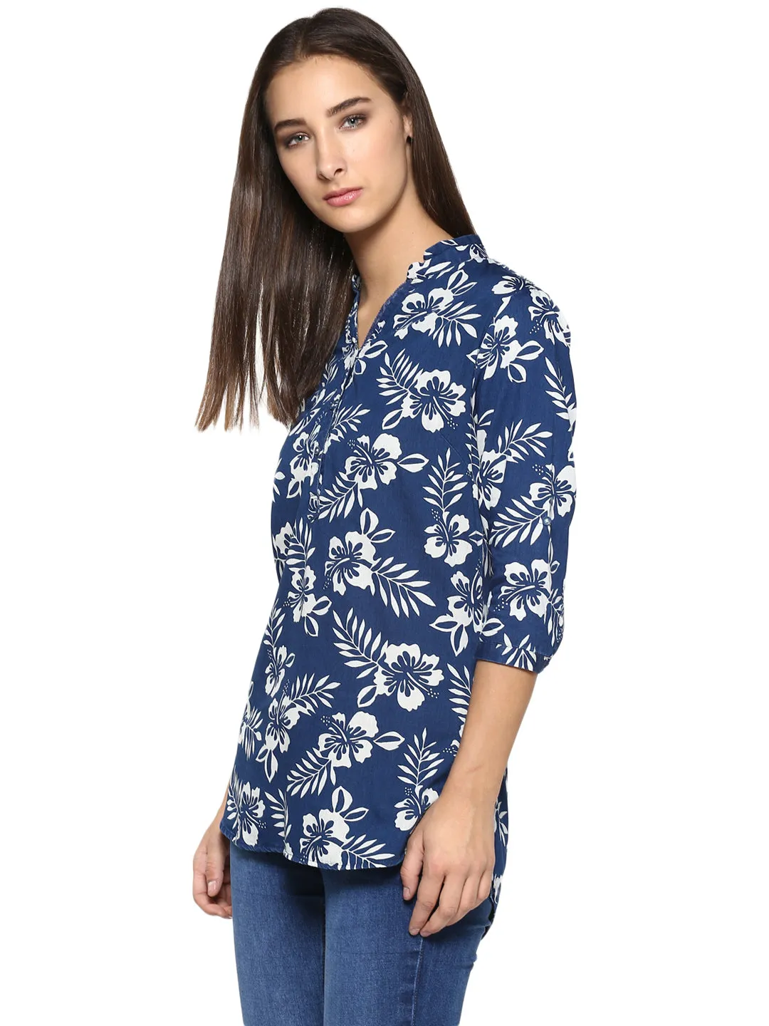 Navy Blue Floral Printed Tops