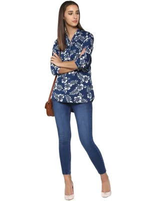 Navy Blue Floral Printed Tops