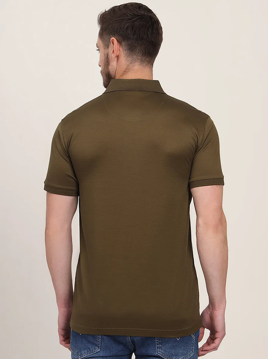 Olive Brown Solid Regular Fit Polo T-Shirt | JadeBlue