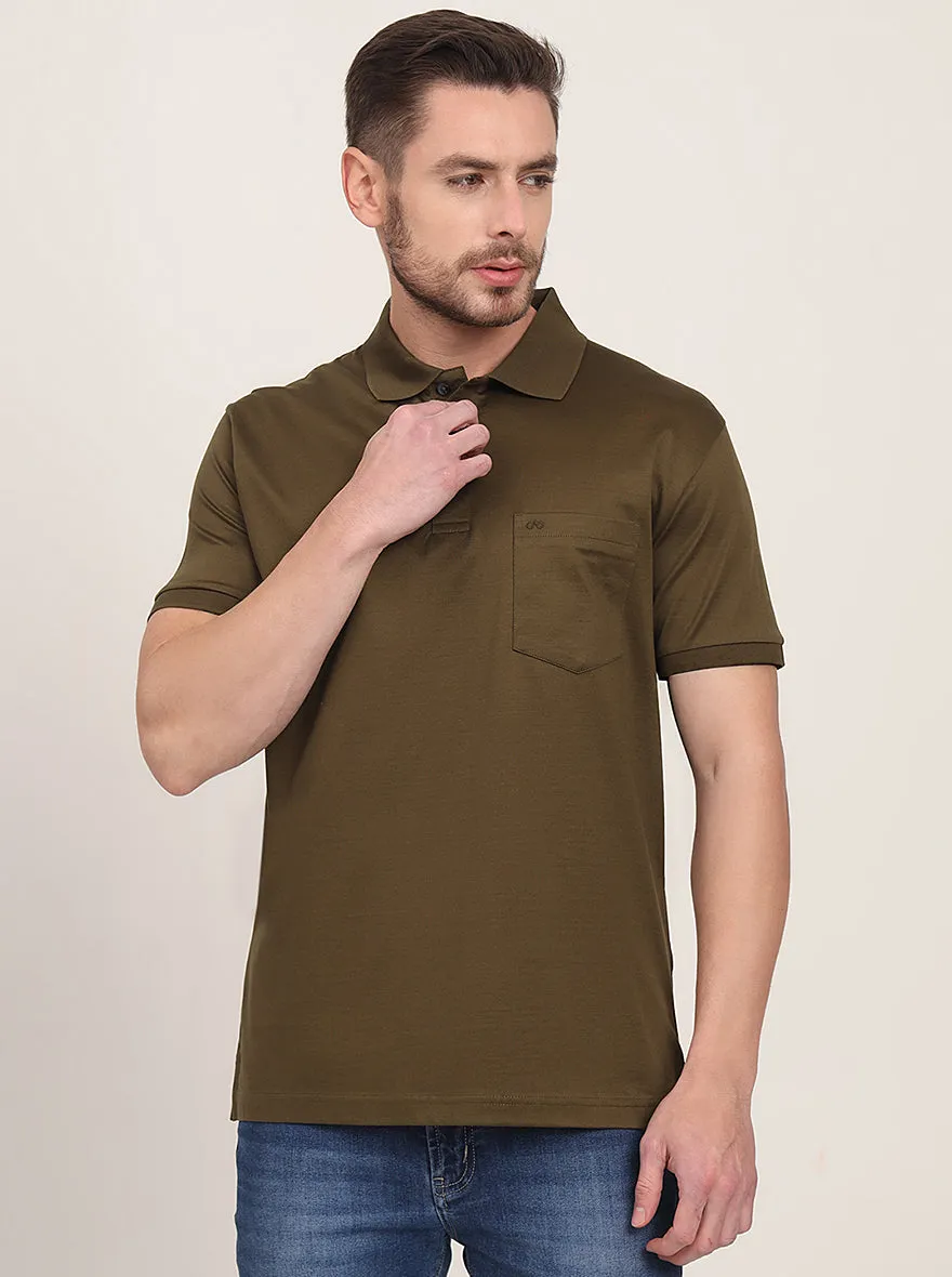 Olive Brown Solid Regular Fit Polo T-Shirt | JadeBlue