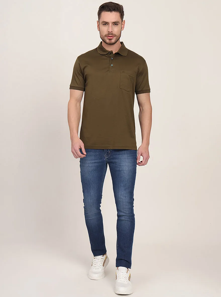 Olive Brown Solid Regular Fit Polo T-Shirt | JadeBlue