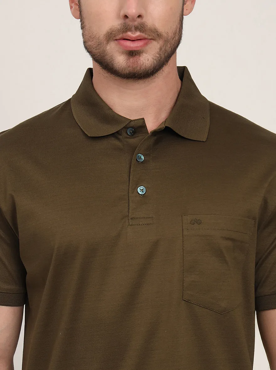 Olive Brown Solid Regular Fit Polo T-Shirt | JadeBlue