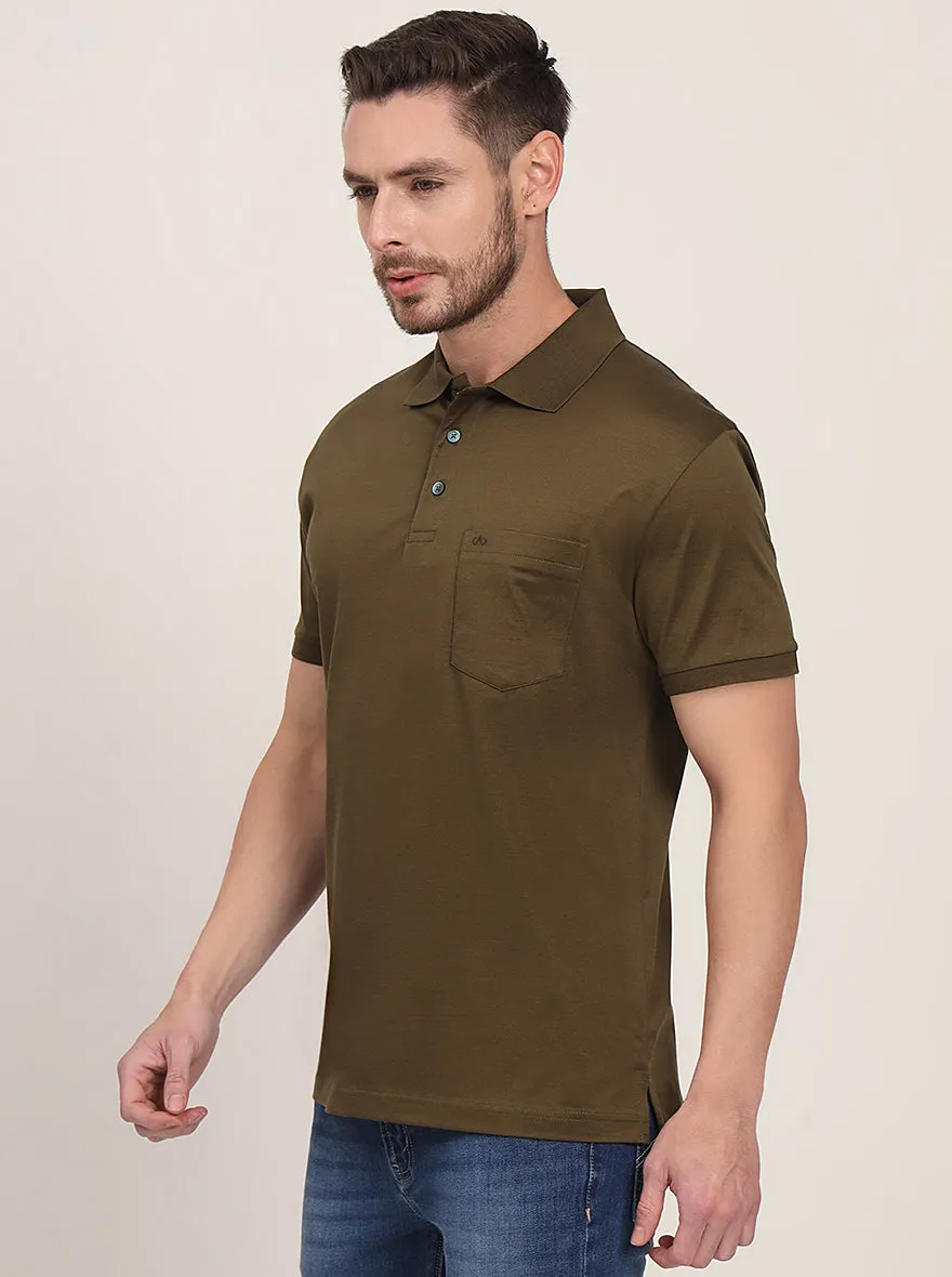 Olive Brown Solid Regular Fit Polo T-Shirt | JadeBlue
