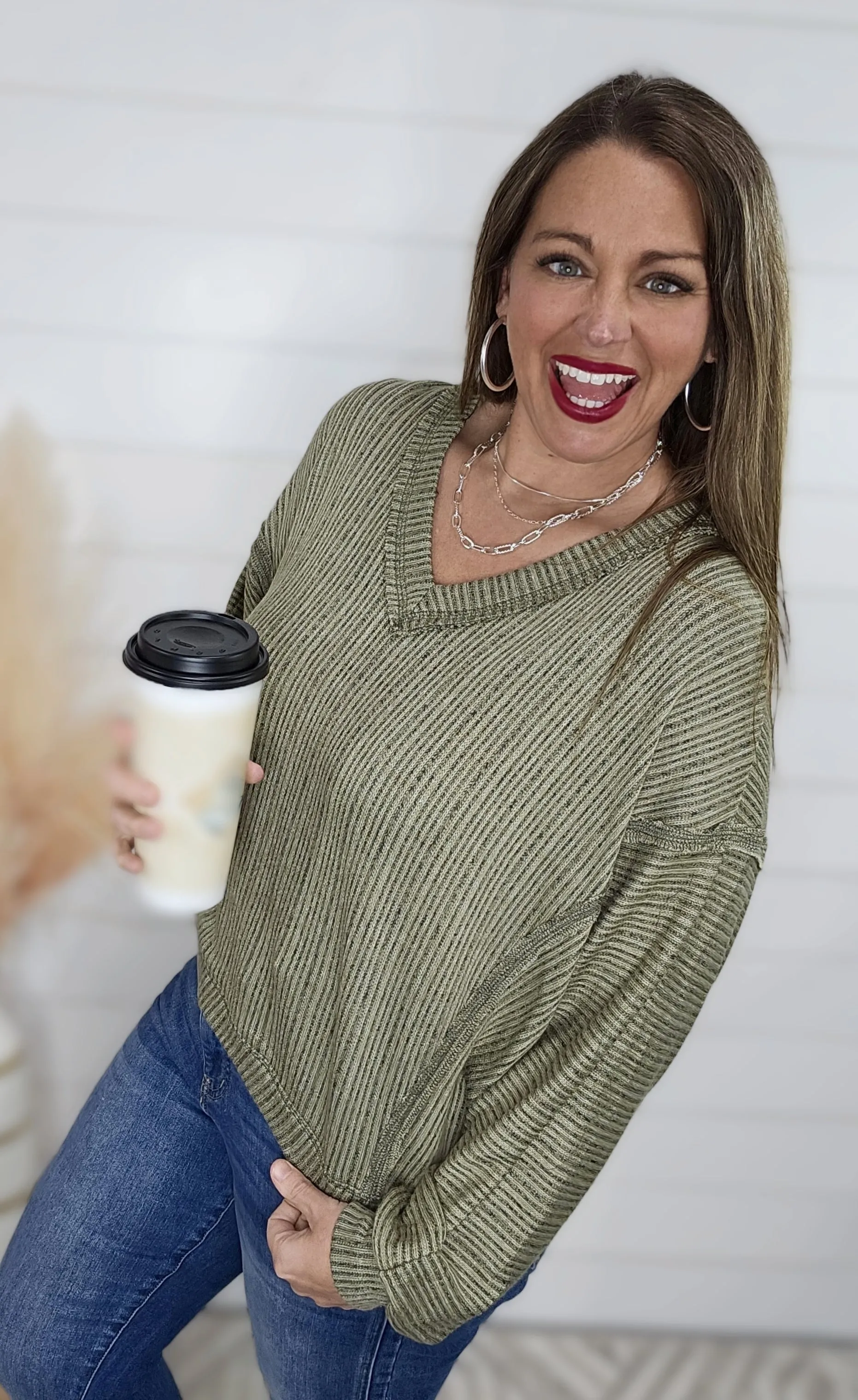 OLIVE STRIPED KNIT V NECK DROP SHOULDER TOP
