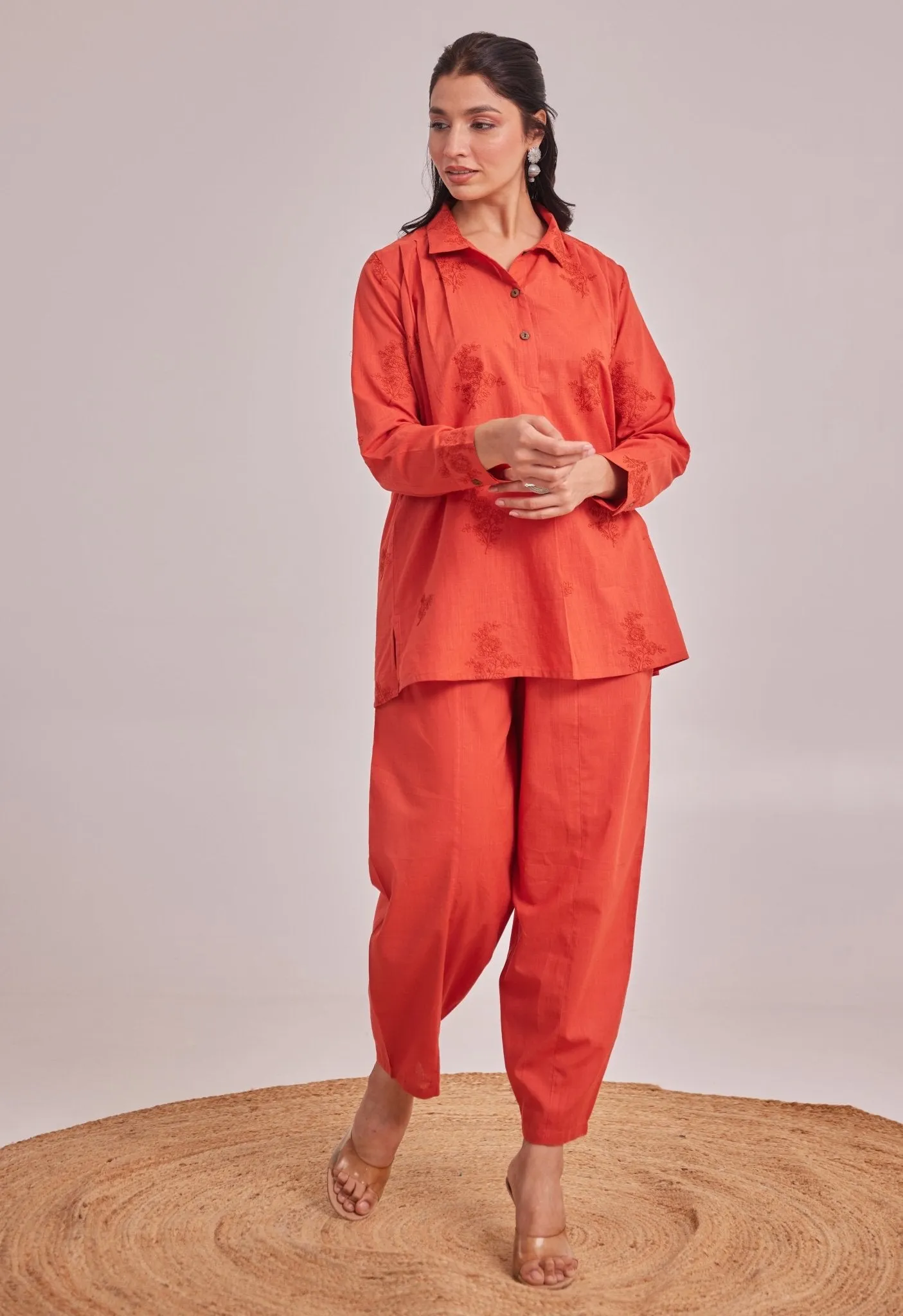 ORANGE EMBROIDERED CO-ORD SET LOOSE FIT