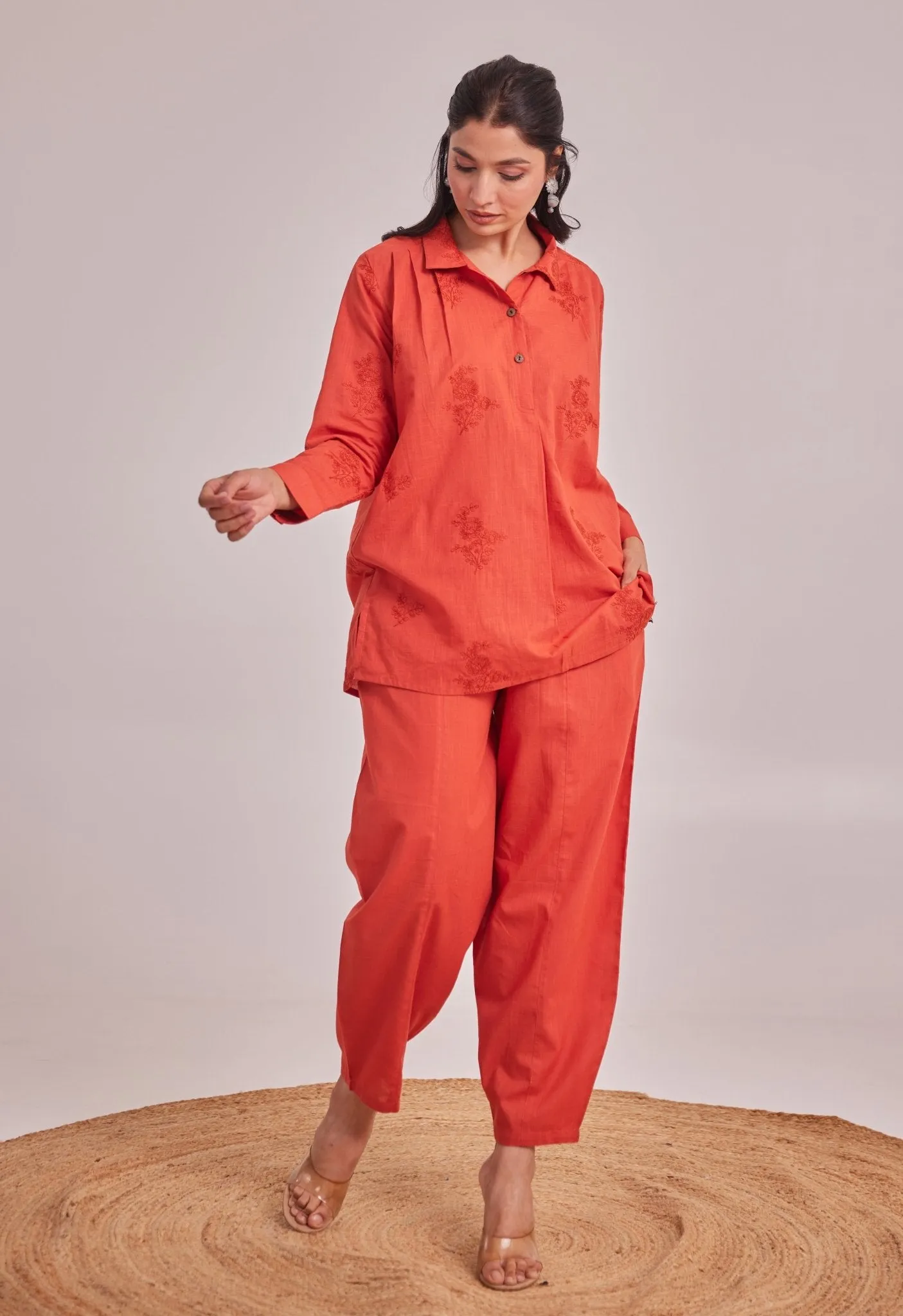 ORANGE EMBROIDERED CO-ORD SET LOOSE FIT