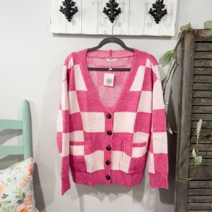 Pink Long Sleeve Checkered Cardigan Sweater