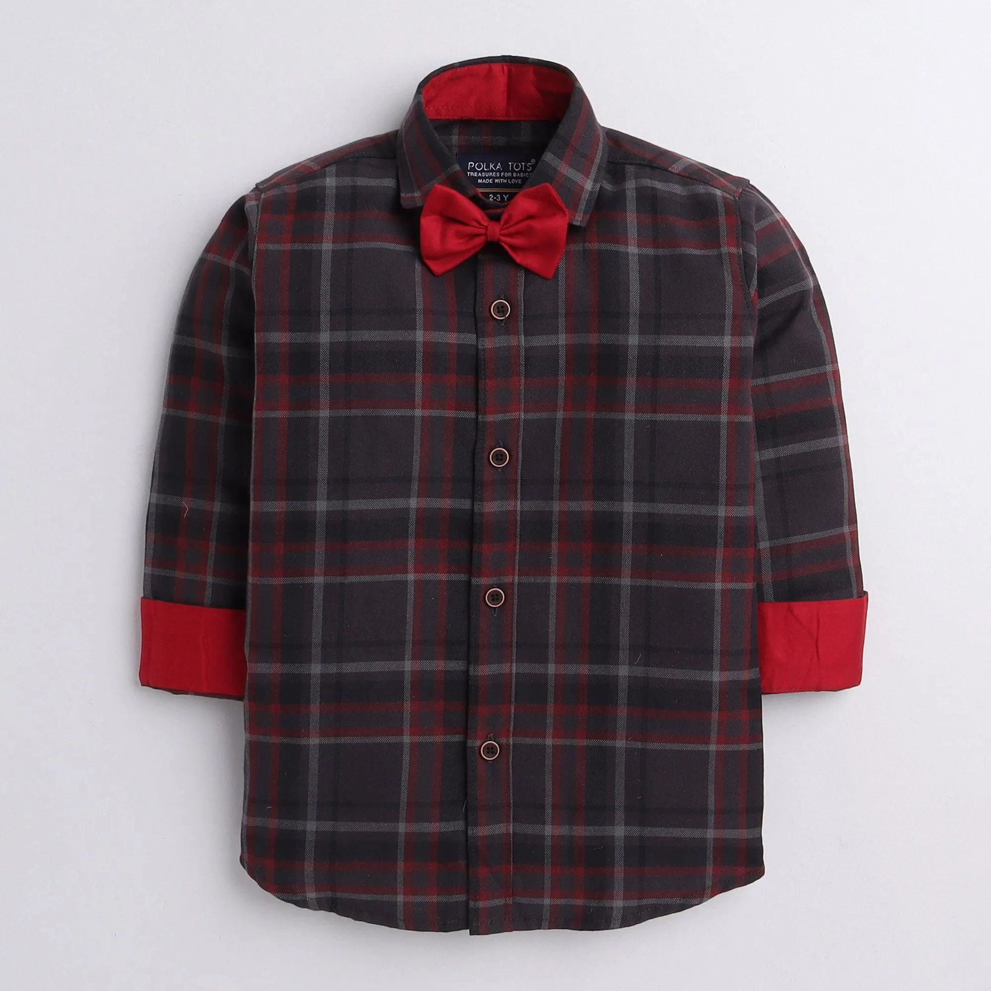 Polka Tots checks full sleeves  shirt with blue bow tie  elbow patch - Red