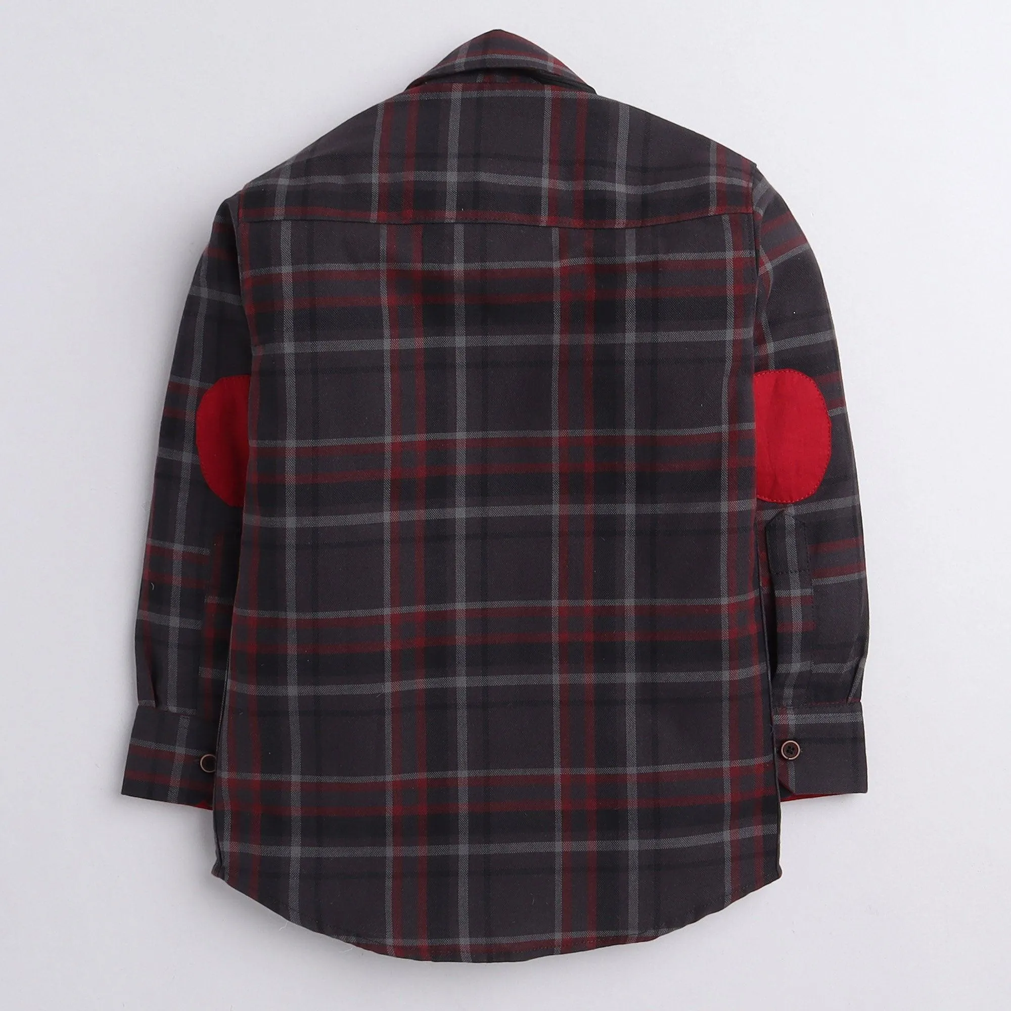 Polka Tots checks full sleeves  shirt with blue bow tie  elbow patch - Red