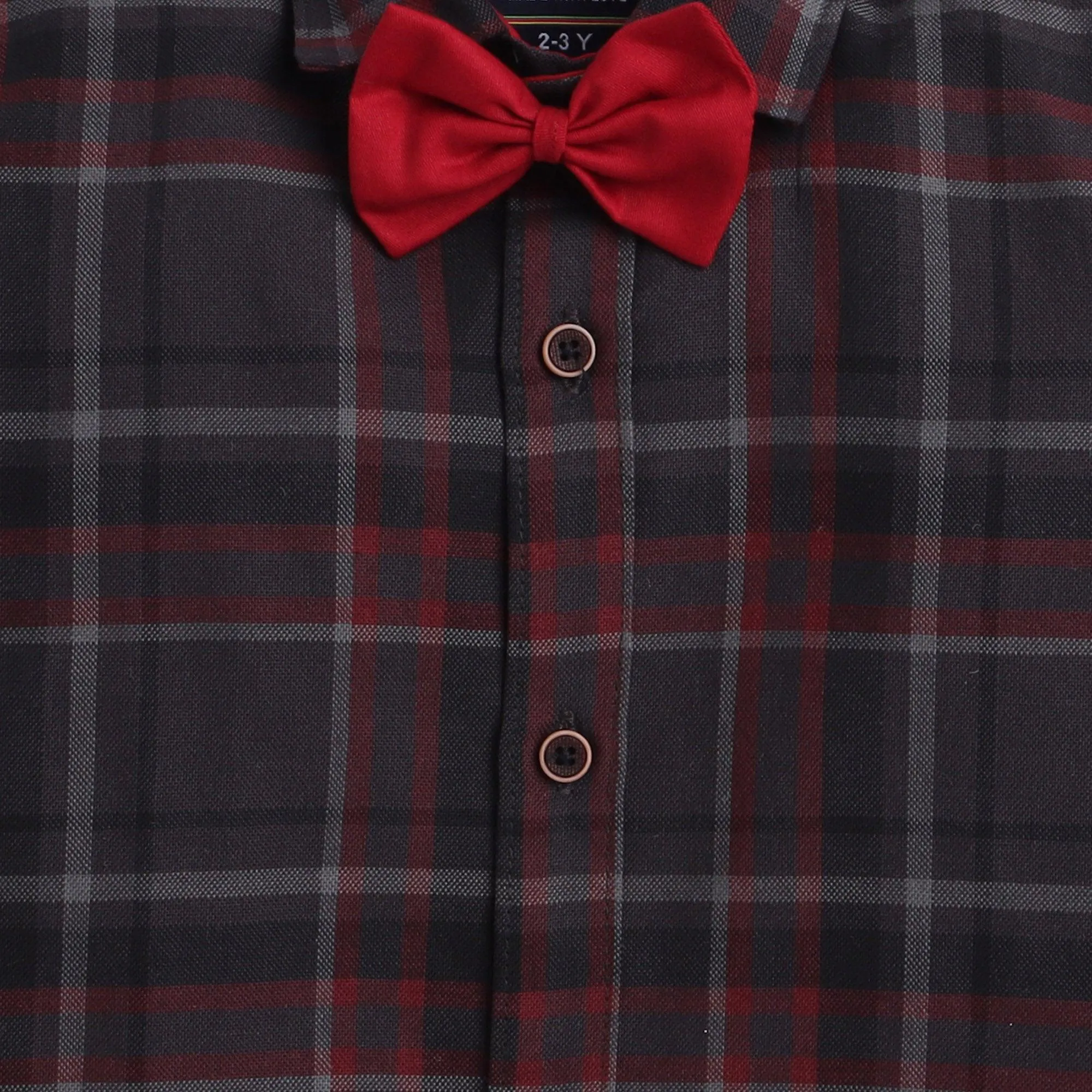 Polka Tots checks full sleeves  shirt with blue bow tie  elbow patch - Red
