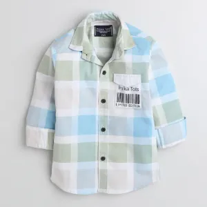 Polka Tots Cotton Full Sleeves Big Check Shirt With Polka Tots Pocket Print - Cream and Green