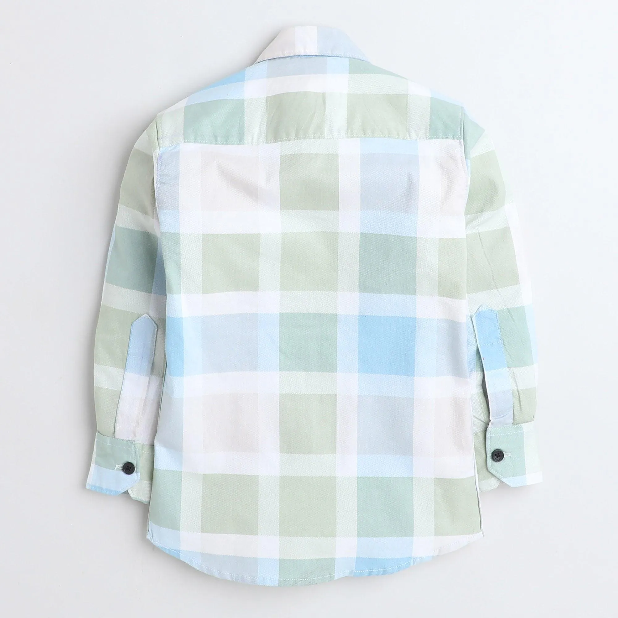 Polka Tots Cotton Full Sleeves Big Check Shirt With Polka Tots Pocket Print - Cream and Green