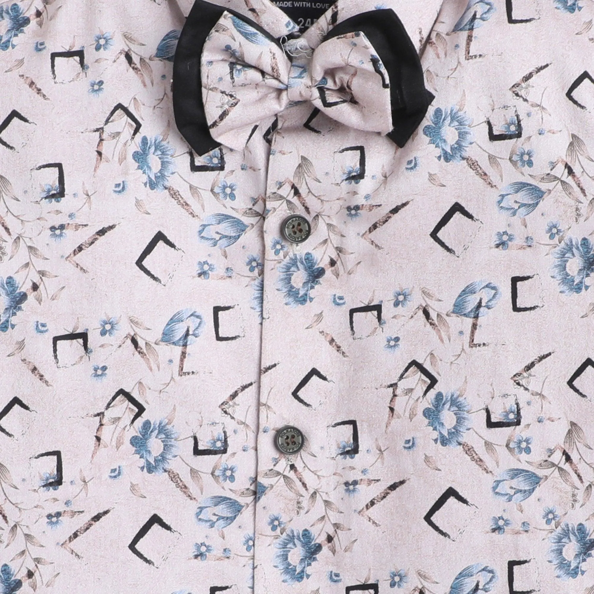 Polka Tots Cotton Full Sleeves Party Wear Shirt With Dual Bow Tie All Over Print - Light Pink
