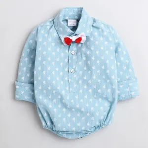 Polka Tots Full Sleeve coconut tree print Onesie with bow tie  - Sky blue