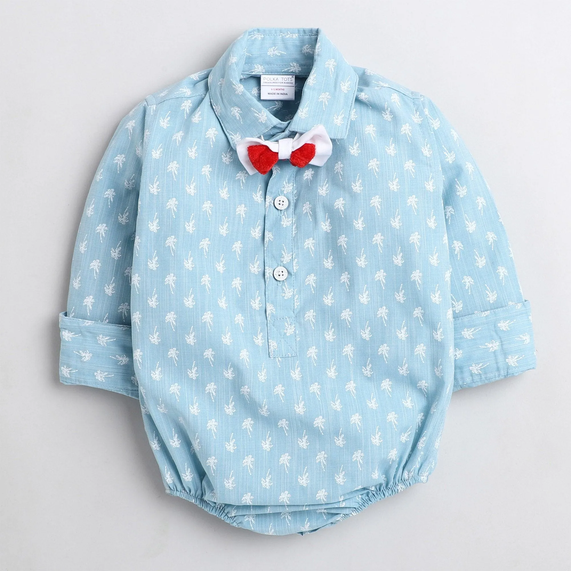 Polka Tots Full Sleeve coconut tree print Onesie with bow tie  - Sky blue