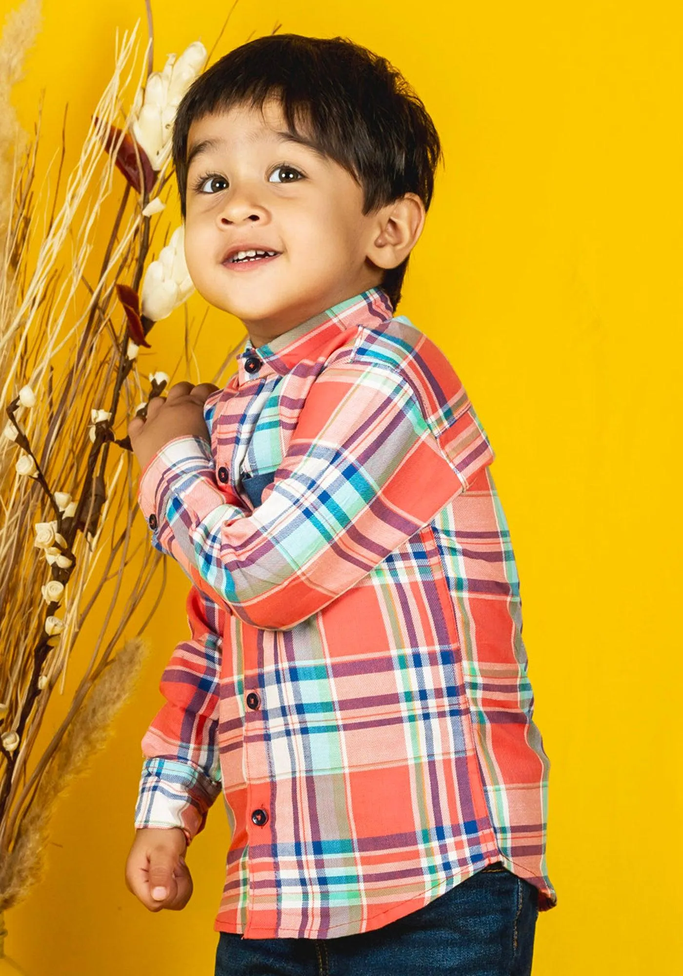 Polka Tots Full Sleeves Dads Copy print Checks Shirt - Coral