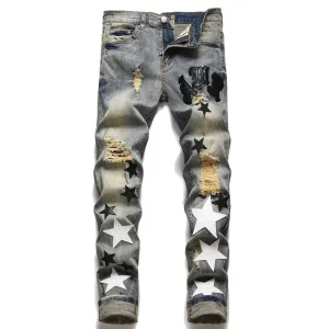 Riolio European Jeans With Distressed Patches, Trendy Elastic Slim Fit Leggings, Versatile Men's Pants