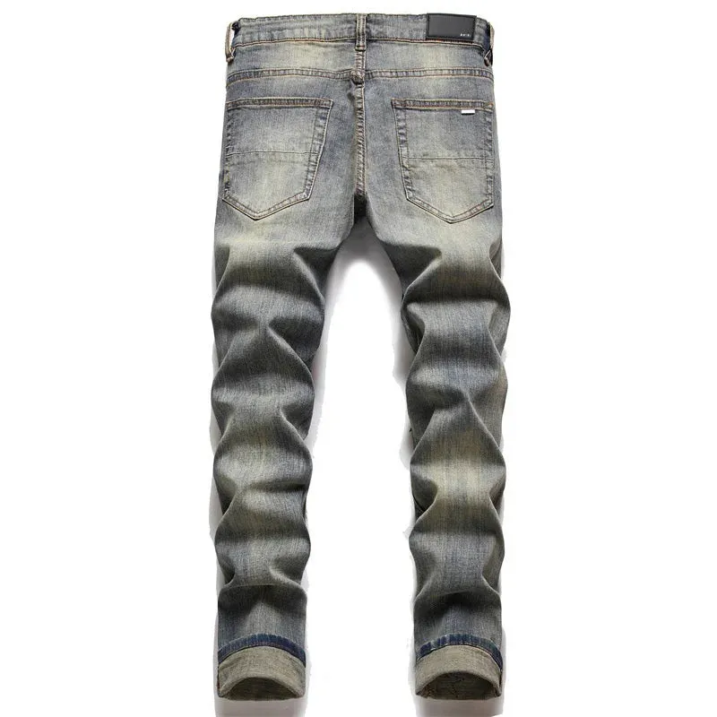 Riolio European Jeans With Distressed Patches, Trendy Elastic Slim Fit Leggings, Versatile Men's Pants